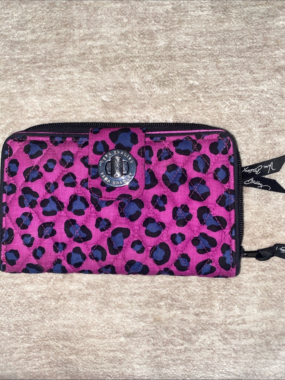 Vera Bradley Magenta and Navy Leopard Quilted Zip Wallet